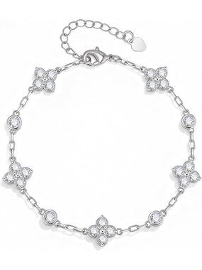 Dainty Gold Floral Bracelet - 18K Plated Cubic Zirconia Four Leaf Charm Jewelry